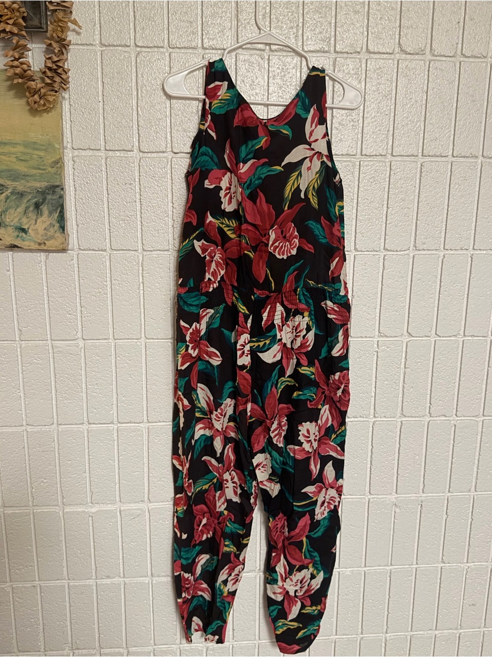 Vintage Hawaiian Floral Sleeveless Jumpsuit in Black with Red & Green Bloom